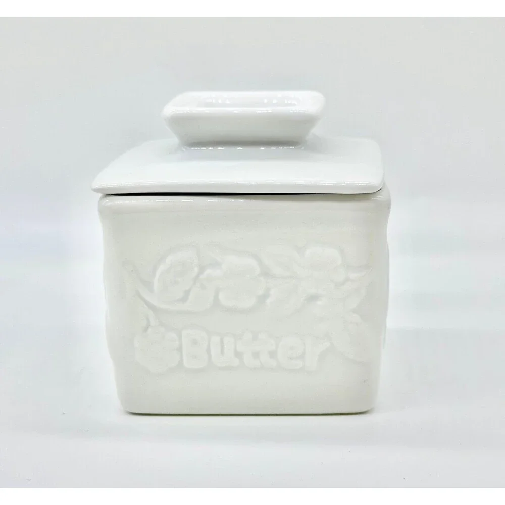 Square White Porcelain Butter Bell Crock Keeper Holder  “butter” floral